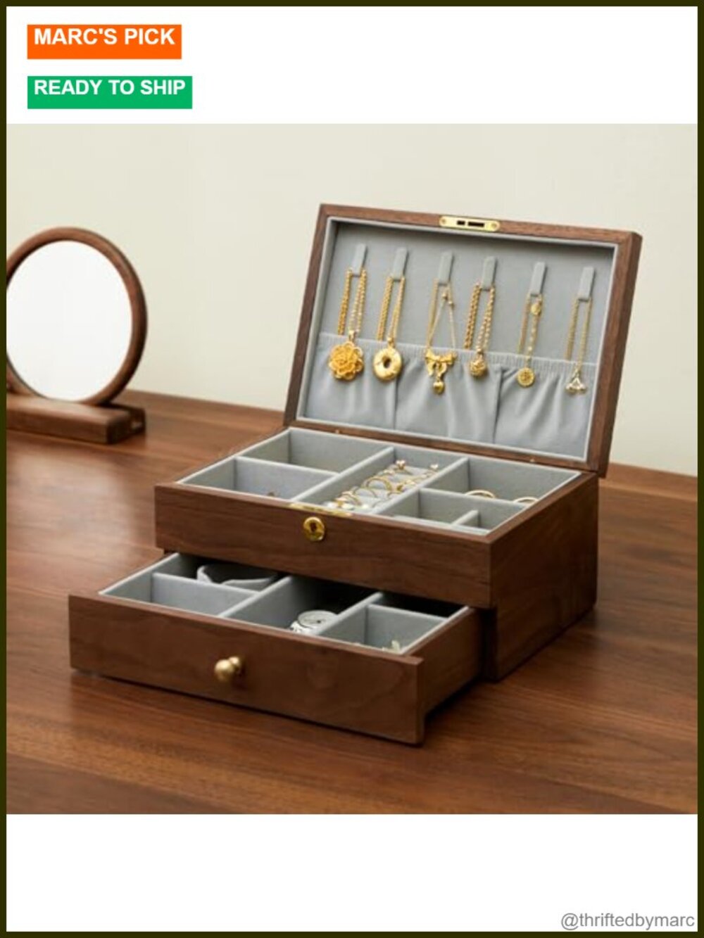 2-Layer Lockable Black Walnut Wood Jewelry Box Organizer Velvet Lined